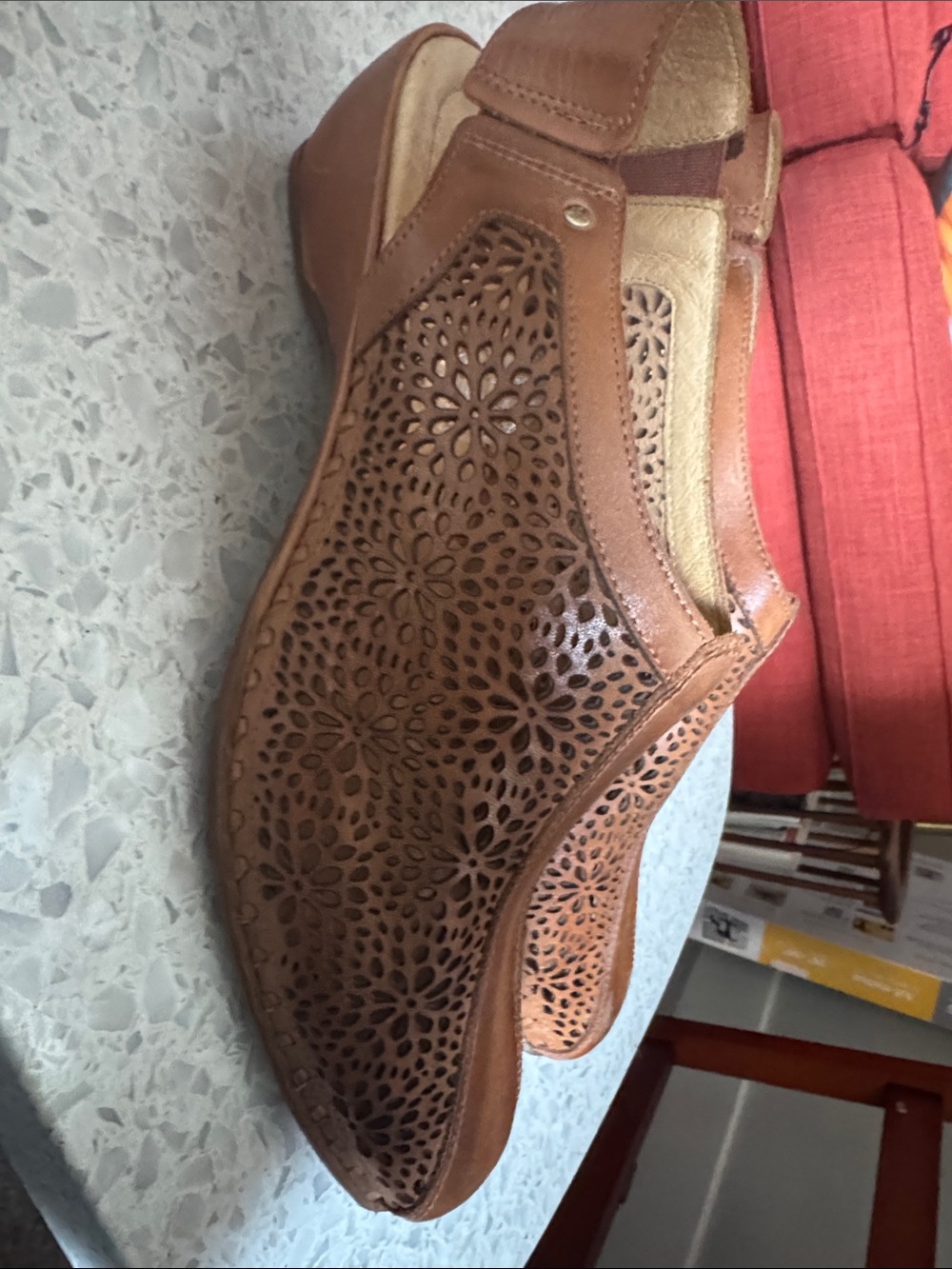 Pikolinos Women's Brown Leather Slingback Flats with Laser-Cut Floral Detail